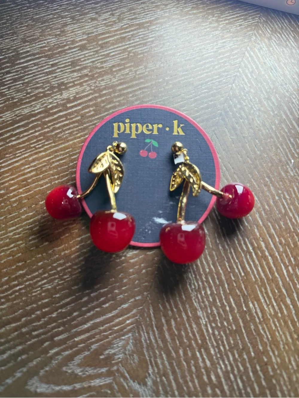 piper•k Gold Cherry Drop Earrings in Red